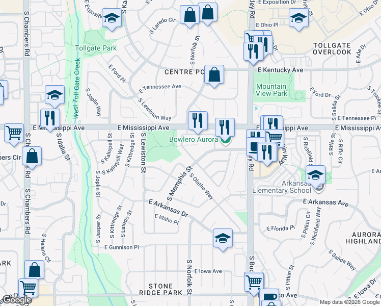 map of restaurants, bars, coffee shops, grocery stores, and more near 1185 South Norfolk Street in Aurora