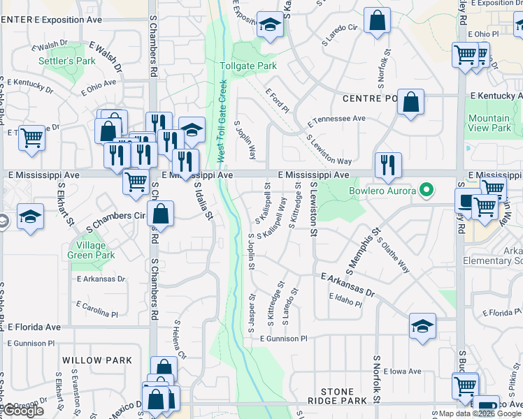 map of restaurants, bars, coffee shops, grocery stores, and more near 1165 South Kalispell Street in Aurora