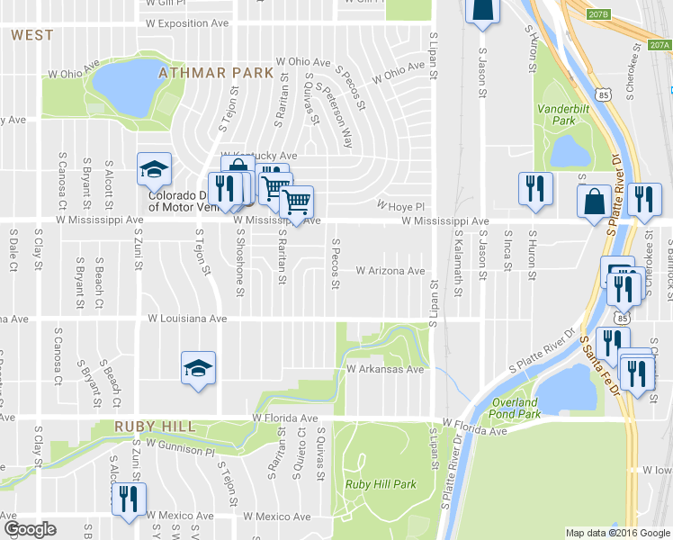 map of restaurants, bars, coffee shops, grocery stores, and more near 1200 South Pecos Street in Denver