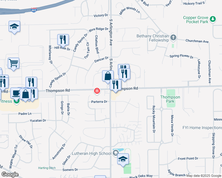 map of restaurants, bars, coffee shops, grocery stores, and more near E Thompson Rd & S Arlington Ave in Indianapolis