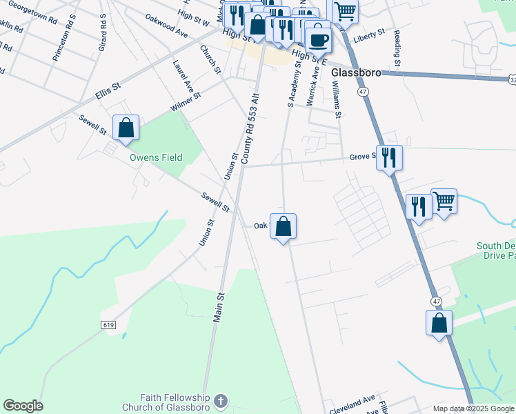map of restaurants, bars, coffee shops, grocery stores, and more near 13 Oak Street in Glassboro
