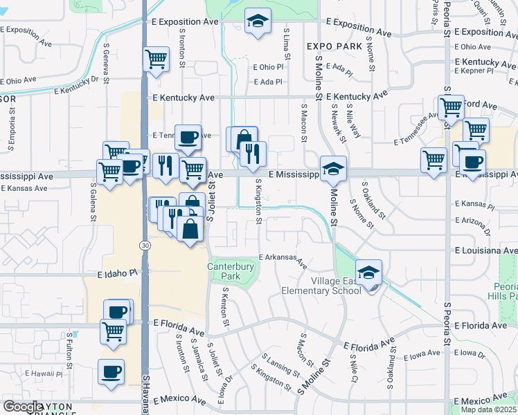 map of restaurants, bars, coffee shops, grocery stores, and more near 1211 S Kingston St in Aurora