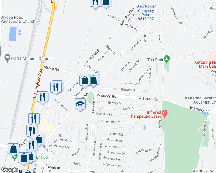 map of restaurants, bars, coffee shops, grocery stores, and more near 1780 Hillwood Drive in Dayton