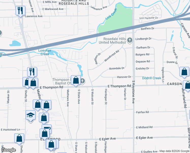 map of restaurants, bars, coffee shops, grocery stores, and more near 1825 Rosedale Drive in Indianapolis