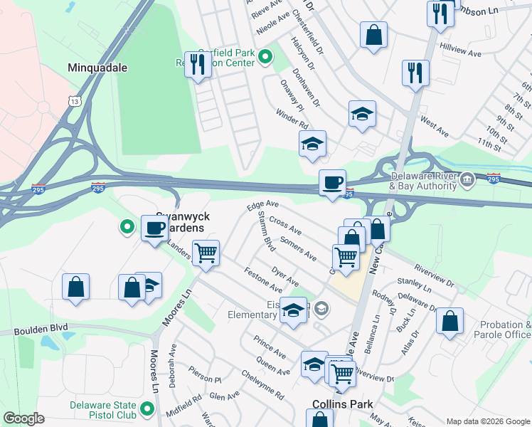 map of restaurants, bars, coffee shops, grocery stores, and more near 136 Cross Avenue in New Castle