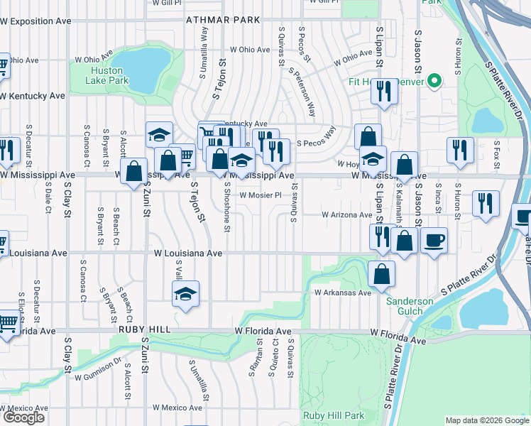 map of restaurants, bars, coffee shops, grocery stores, and more near 1190 South Raritan Street in Denver