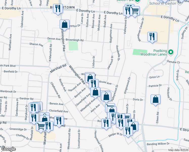 map of restaurants, bars, coffee shops, grocery stores, and more near 1701 Kruss Avenue in Kettering