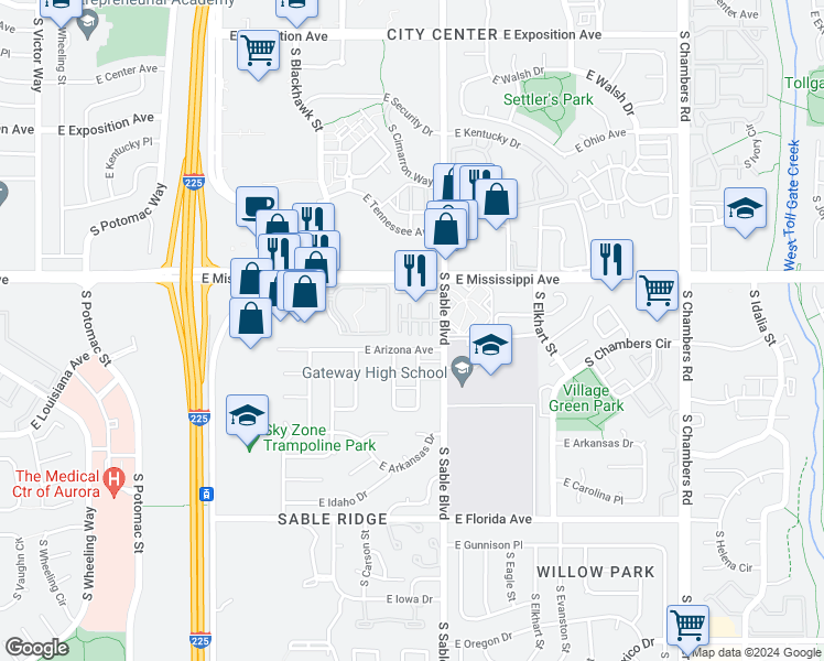 map of restaurants, bars, coffee shops, grocery stores, and more near 14455 East Arizona Avenue in Aurora