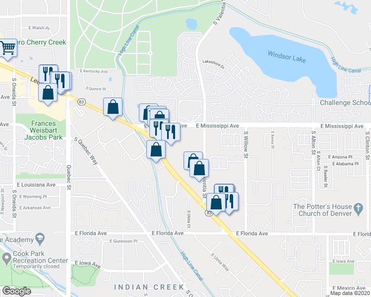 map of restaurants, bars, coffee shops, grocery stores, and more near 1302 South Parker Road in Denver