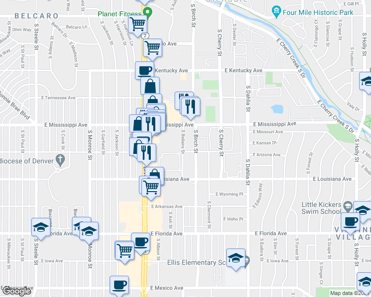 map of restaurants, bars, coffee shops, grocery stores, and more near 1190 South Bellaire Street in Denver