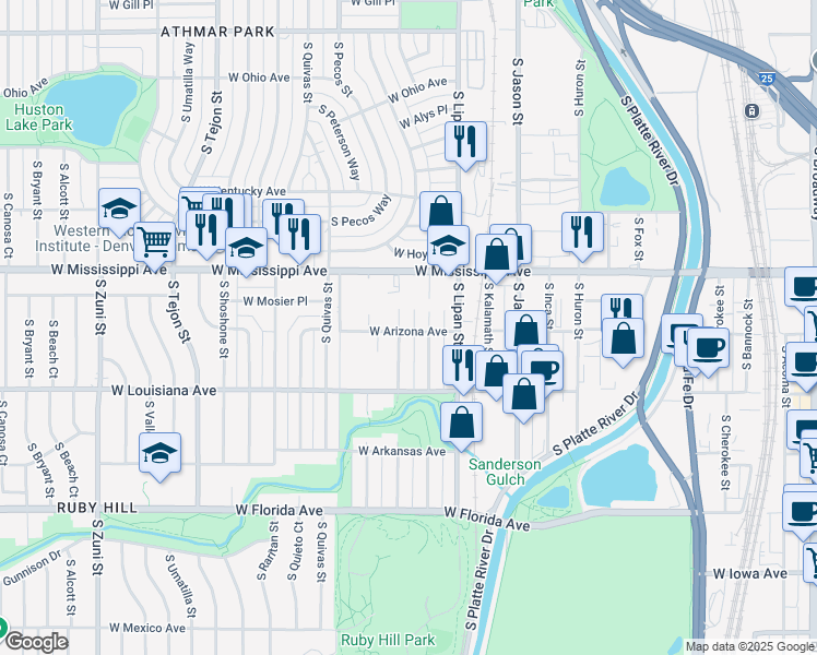 map of restaurants, bars, coffee shops, grocery stores, and more near 1225 South Mariposa Street in Denver