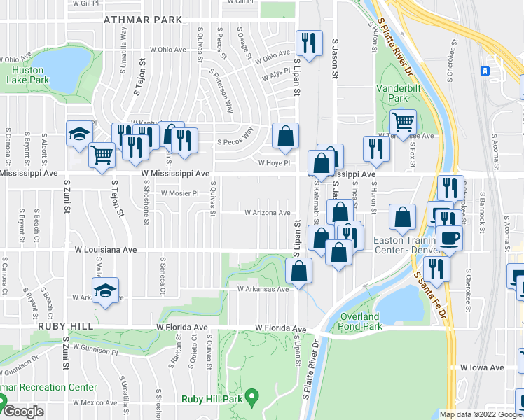 map of restaurants, bars, coffee shops, grocery stores, and more near 1339 West Arizona Avenue in Denver