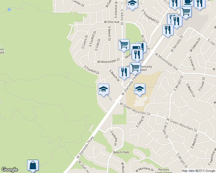 map of restaurants, bars, coffee shops, grocery stores, and more near 13355 West Alameda Parkway in Lakewood