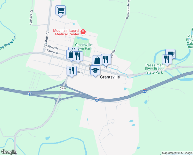 map of restaurants, bars, coffee shops, grocery stores, and more near 120 Grant Street in Grantsville