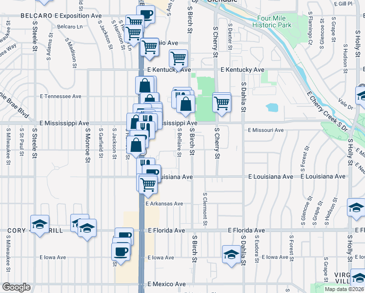 map of restaurants, bars, coffee shops, grocery stores, and more near 1190 South Bellaire Street in Denver
