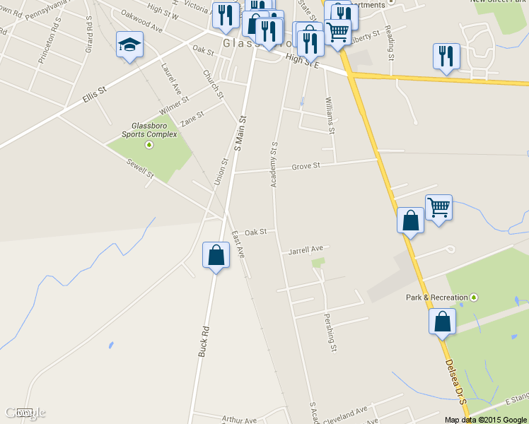 map of restaurants, bars, coffee shops, grocery stores, and more near 149 South Academy Street in Glassboro
