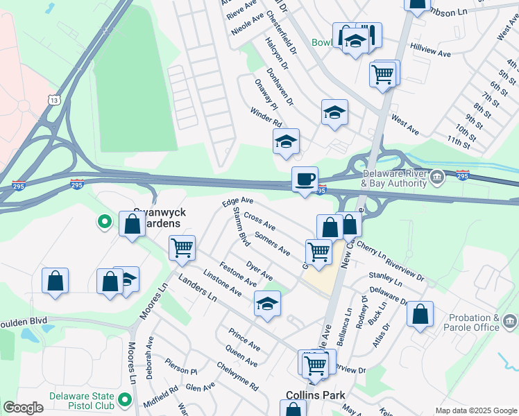 map of restaurants, bars, coffee shops, grocery stores, and more near 132 Edge Avenue in New Castle