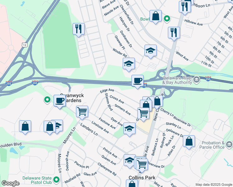 map of restaurants, bars, coffee shops, grocery stores, and more near 132 Edge Avenue in New Castle
