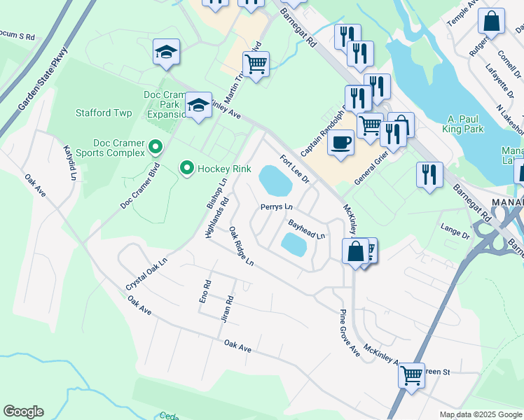 map of restaurants, bars, coffee shops, grocery stores, and more near 79 Perrys Lane in Stafford Township