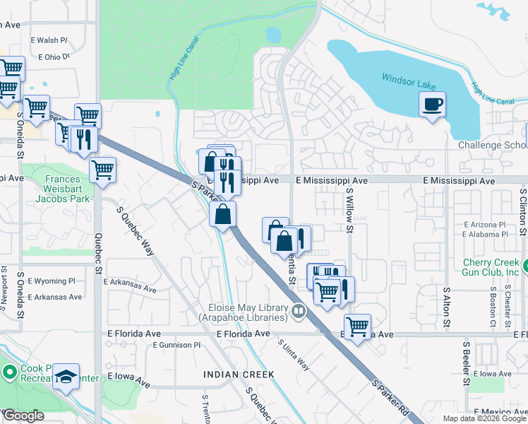 map of restaurants, bars, coffee shops, grocery stores, and more near 1302 South Parker Road in Denver
