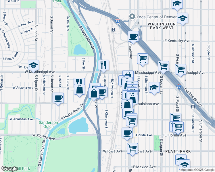 map of restaurants, bars, coffee shops, grocery stores, and more near 1190 South Cherokee Street in Denver