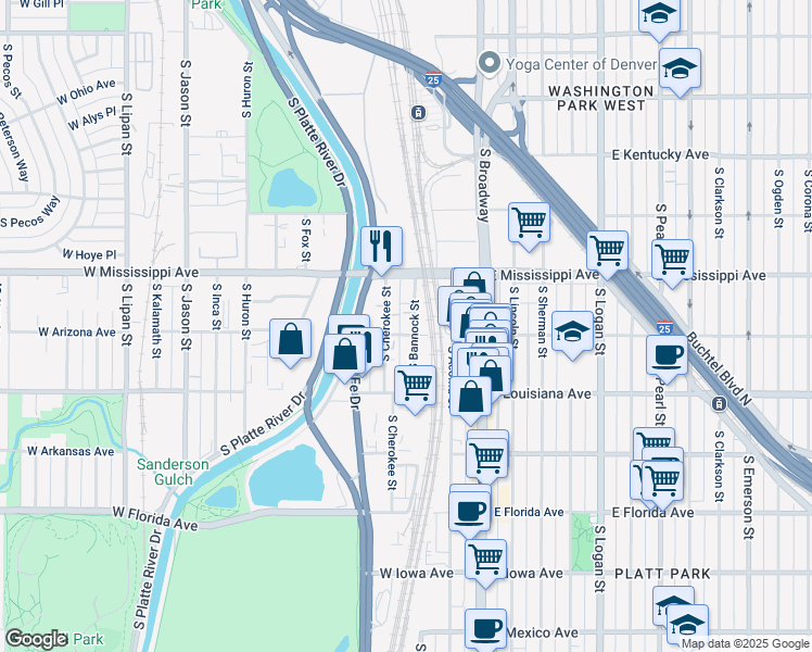 map of restaurants, bars, coffee shops, grocery stores, and more near 1200 South Cherokee Street in Denver