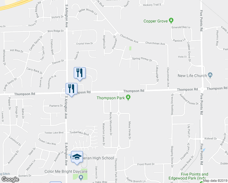 map of restaurants, bars, coffee shops, grocery stores, and more near 6380 East Thompson Road in Indianapolis