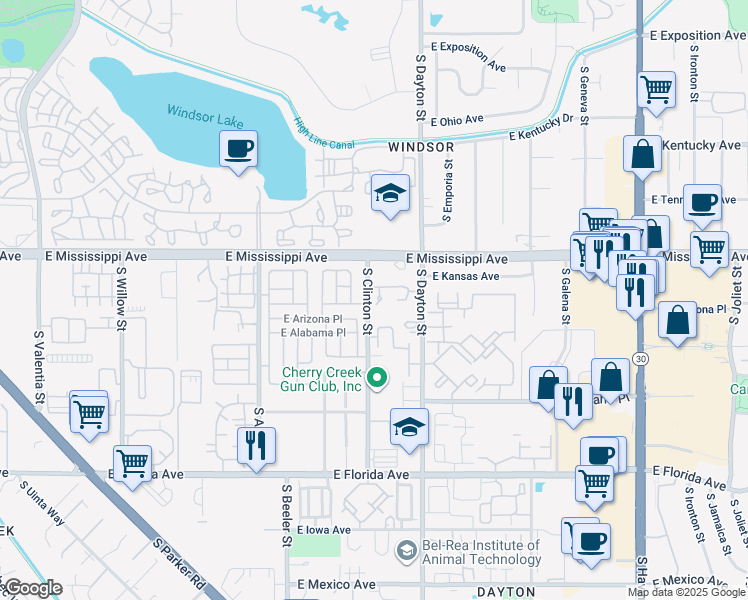 map of restaurants, bars, coffee shops, grocery stores, and more near 1200 South Clinton Street in Denver