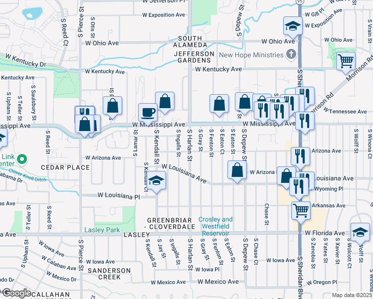 map of restaurants, bars, coffee shops, grocery stores, and more near 1215 South Harlan Street in Lakewood