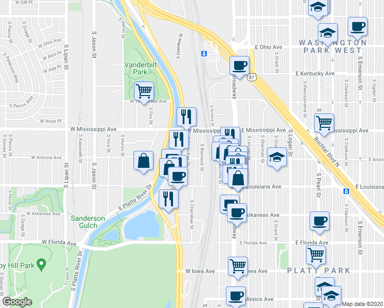 map of restaurants, bars, coffee shops, grocery stores, and more near 1190 South Cherokee Street in Denver