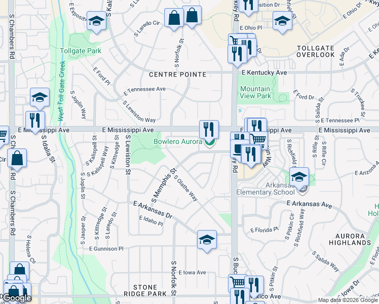 map of restaurants, bars, coffee shops, grocery stores, and more near 16601 East Arizona Place in Aurora