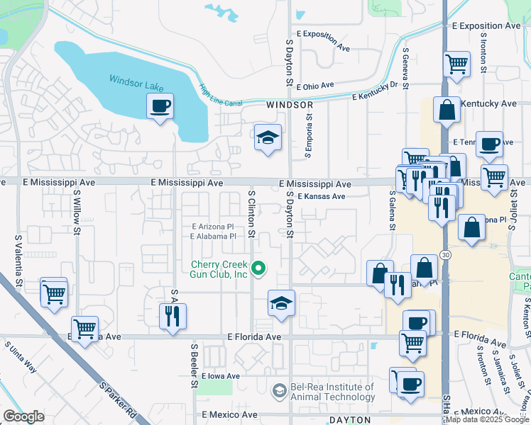 map of restaurants, bars, coffee shops, grocery stores, and more near 1200 South Clinton Street in Denver