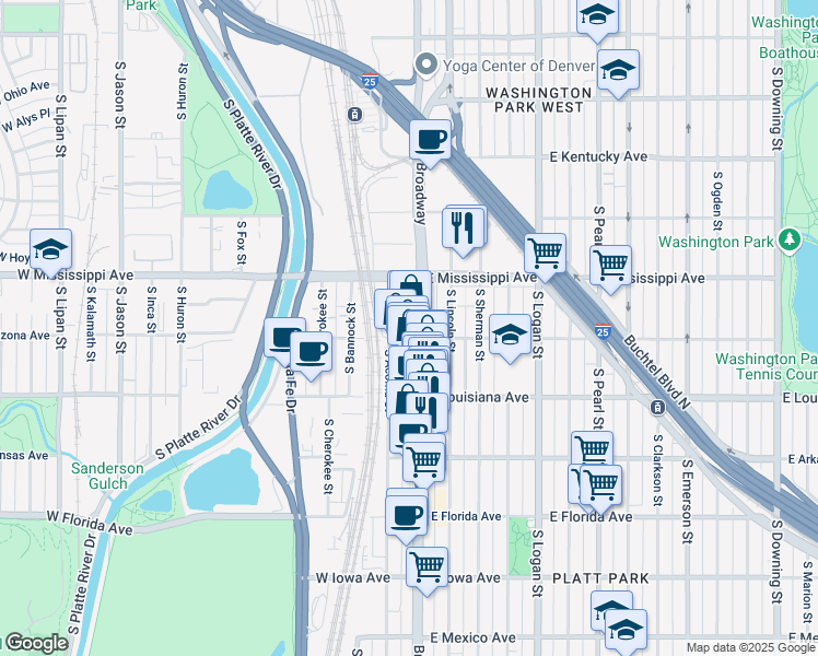 map of restaurants, bars, coffee shops, grocery stores, and more near 1205 South Broadway in Denver