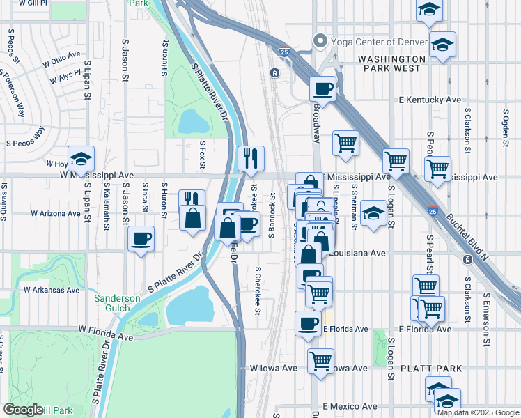 map of restaurants, bars, coffee shops, grocery stores, and more near 1200 South Cherokee Street in Denver