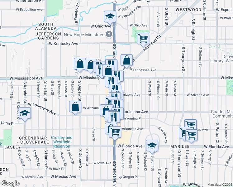 map of restaurants, bars, coffee shops, grocery stores, and more near 1225 South Zenobia Street in Denver