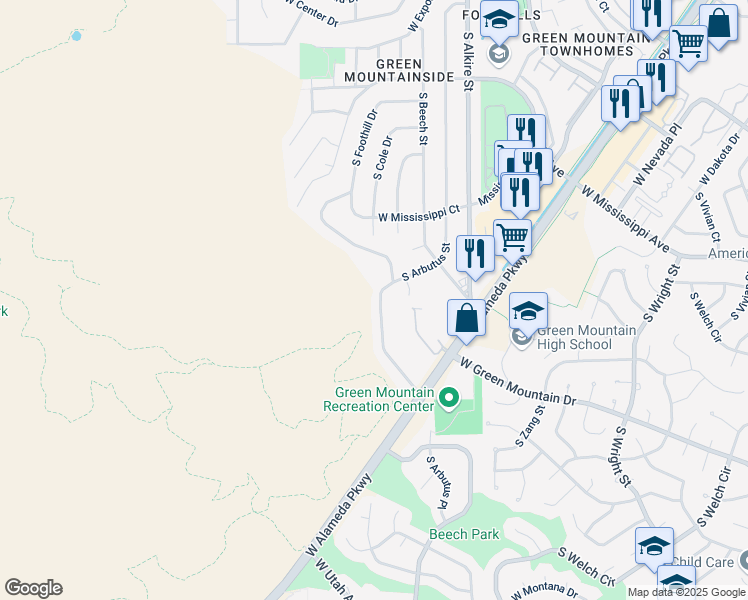 map of restaurants, bars, coffee shops, grocery stores, and more near 1210 South Foothill Drive in Lakewood