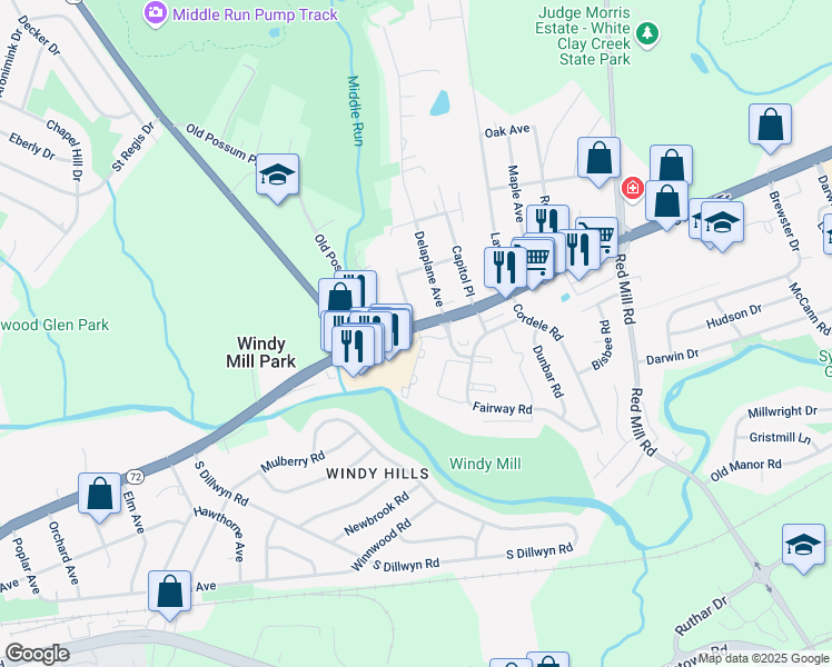 map of restaurants, bars, coffee shops, grocery stores, and more near 408 Melrose Place Drive in Newark
