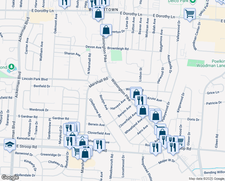 map of restaurants, bars, coffee shops, grocery stores, and more near 1415 Barton Avenue in Dayton