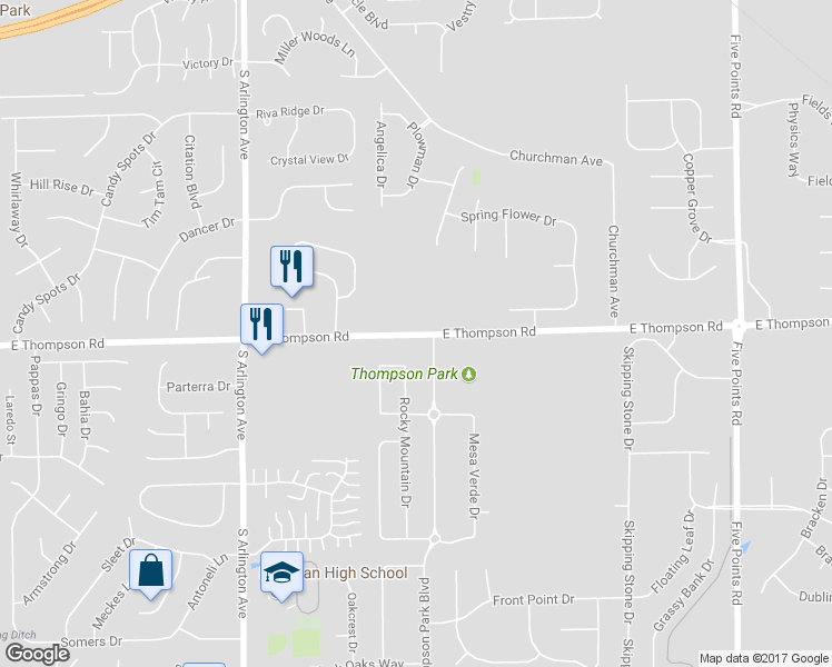 map of restaurants, bars, coffee shops, grocery stores, and more near 5024 Thompson Park Boulevard in Indianapolis