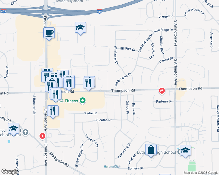 map of restaurants, bars, coffee shops, grocery stores, and more near 5461 Thompson Road in Indianapolis