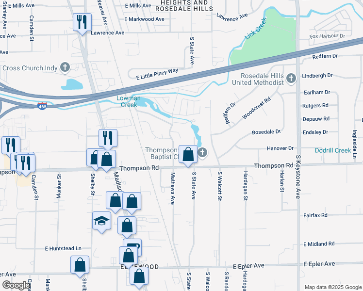 map of restaurants, bars, coffee shops, grocery stores, and more near 4725 Mathews Avenue in Indianapolis