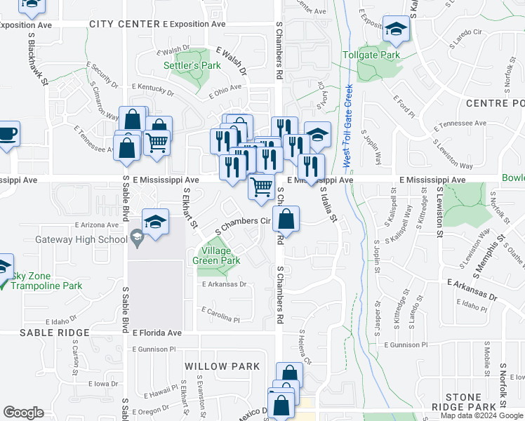 map of restaurants, bars, coffee shops, grocery stores, and more near 15250 East Mississippi Avenue in Aurora