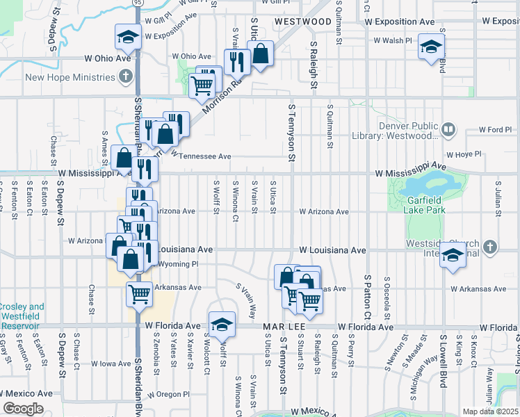 map of restaurants, bars, coffee shops, grocery stores, and more near 1225 South Utica Street in Denver