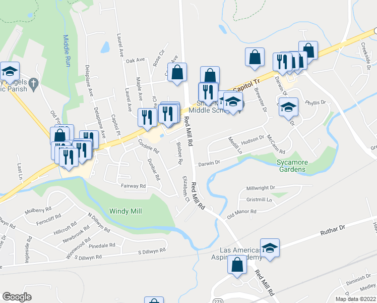 map of restaurants, bars, coffee shops, grocery stores, and more near 40 Red Mill Road in Newark