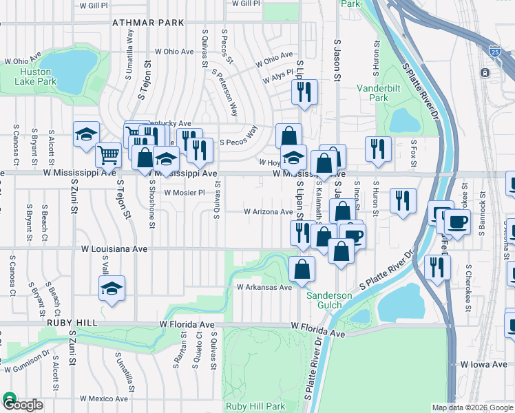 map of restaurants, bars, coffee shops, grocery stores, and more near 1480 West Arizona Avenue in Denver