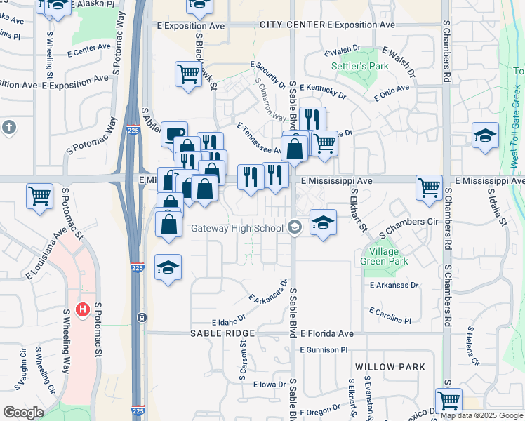 map of restaurants, bars, coffee shops, grocery stores, and more near 1173 South Sable Boulevard in Aurora