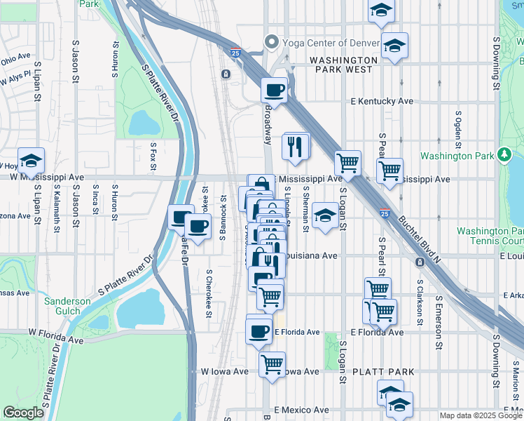 map of restaurants, bars, coffee shops, grocery stores, and more near 1205 South Broadway in Denver