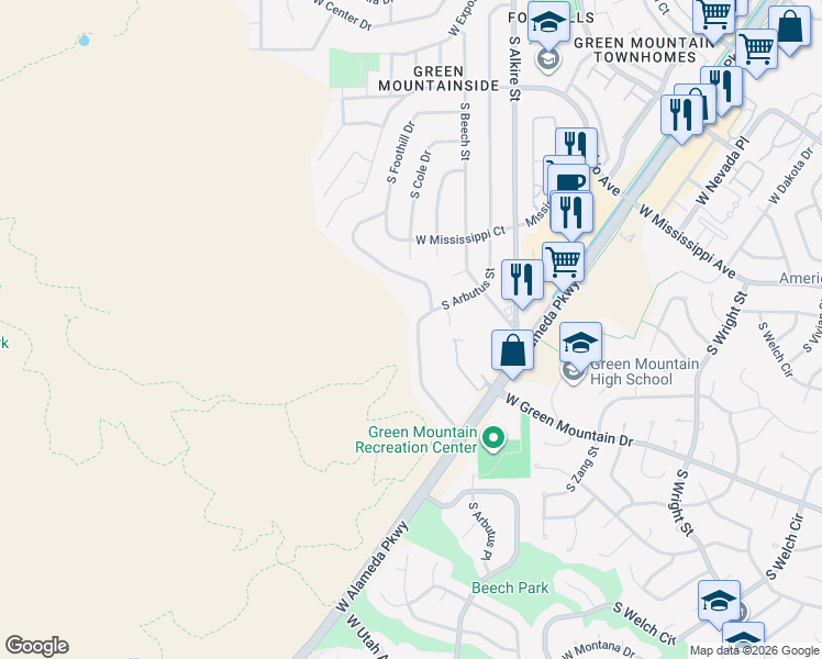 map of restaurants, bars, coffee shops, grocery stores, and more near 1210 South Foothill Drive in Lakewood