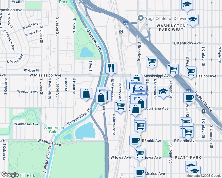map of restaurants, bars, coffee shops, grocery stores, and more near 1200 South Cherokee Street in Denver