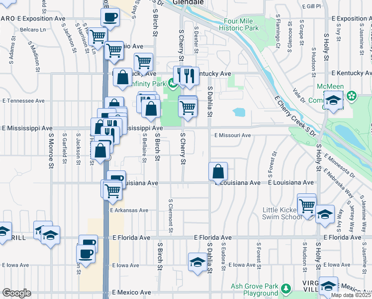 map of restaurants, bars, coffee shops, grocery stores, and more near 1150 South Cherry Street in Denver